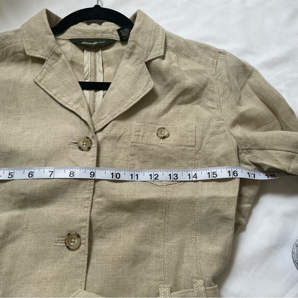 Eddie Bauer 100% linen khaki belted button up blazer blouse size 8 petite - Picture 10 of 10